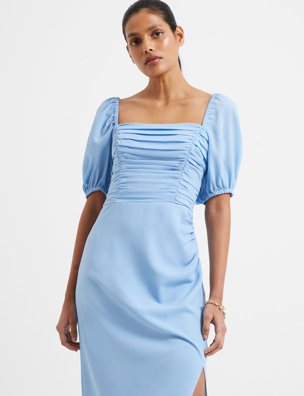| UK Midi French Connection Afina Blue Ruched Verona Dress Placid