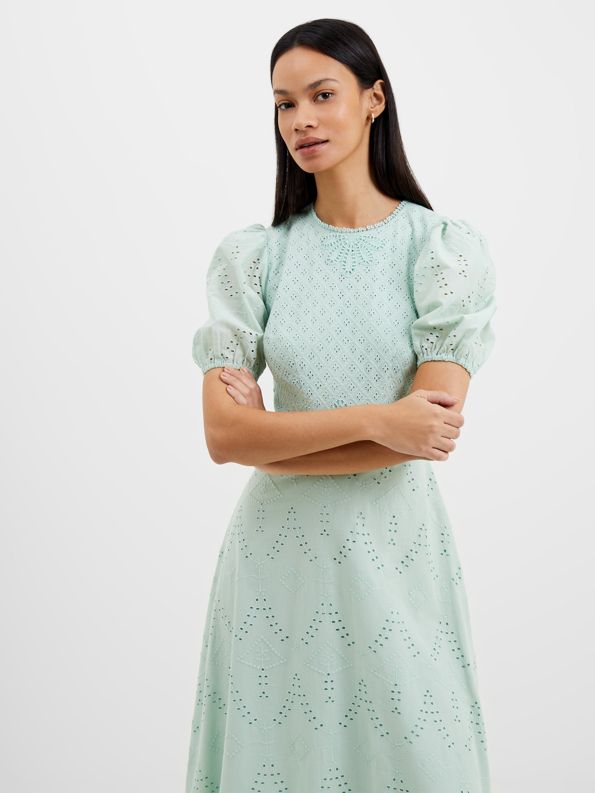 Foam Connection Green Aqua Puff Sleeve Dress Esse UK French Broderie |