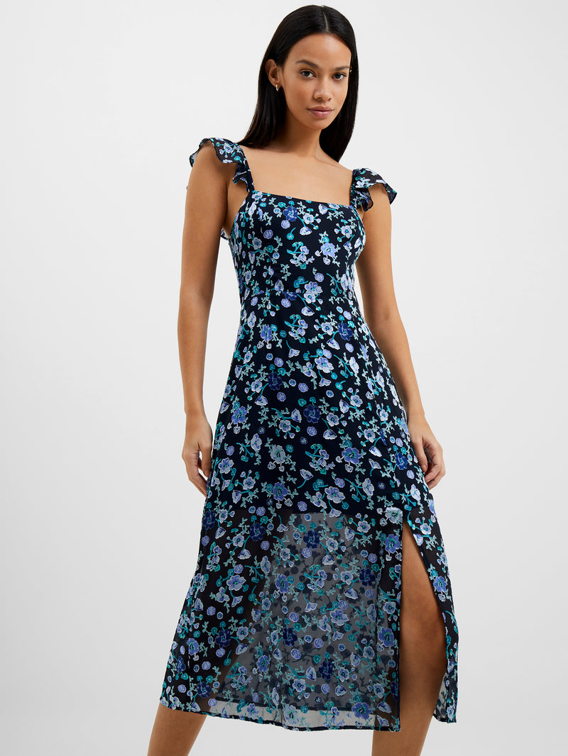 Bette Satin Burnout Dress Marine Blue Multi | French Connection UK