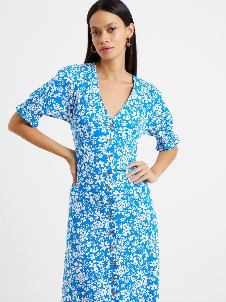Vee Button-Through Midi Dress Bright Blue/White | French Connection UK