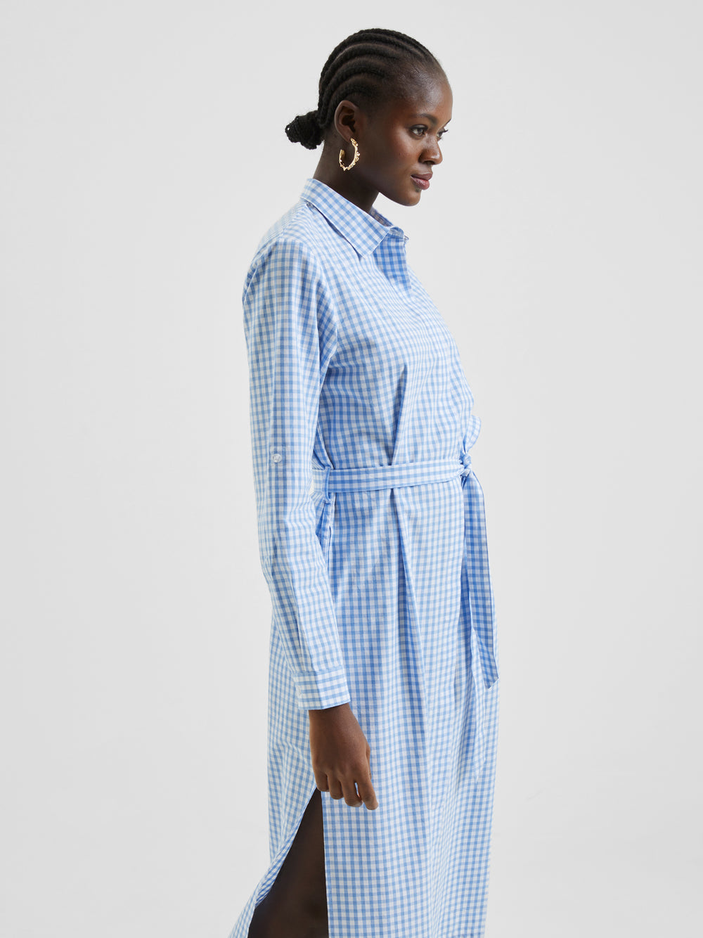 Gingham Button Through Shirt Dress Cornflower Blue White French