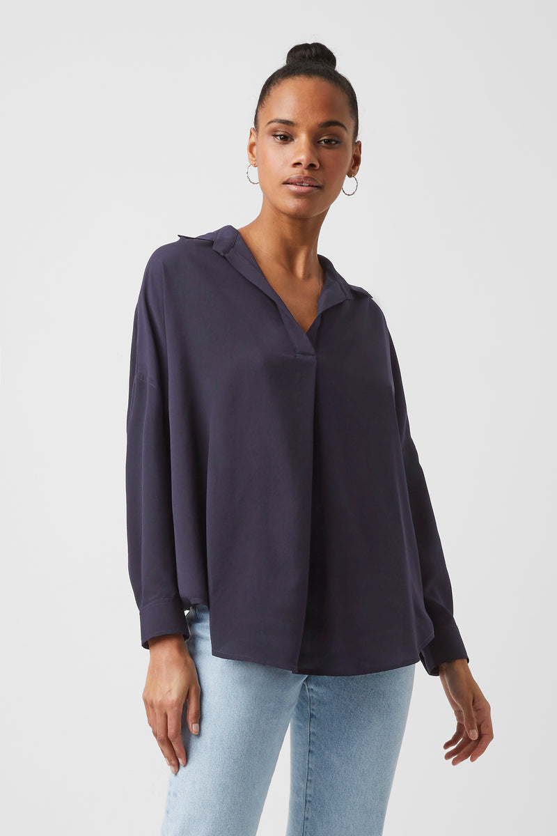 Rhodes Recycled Crepe Popover Shirt Utility Blue | French Connection UK