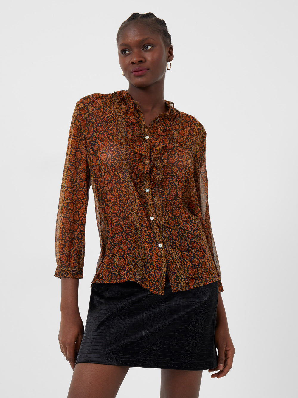 Erina Crinkle Recycled Long Sleeve Shirt Leather Tan/Black | French ...
