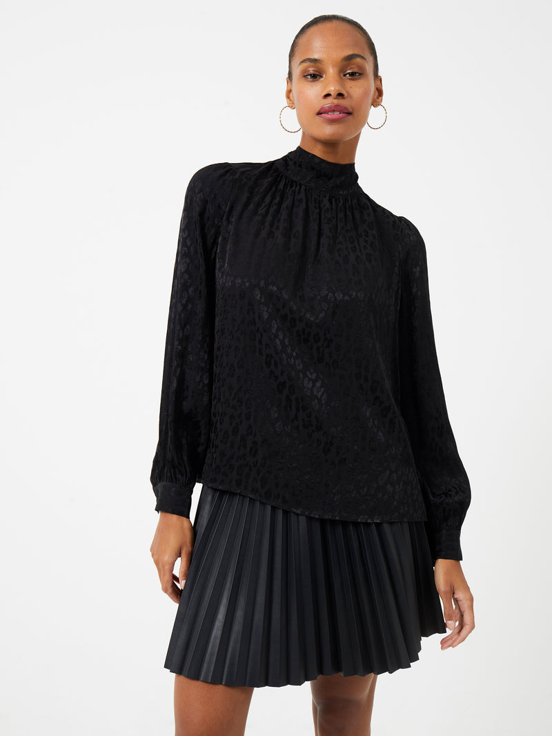 Caria Leopard Jacquard Button Neck Top Black | French Connection UK