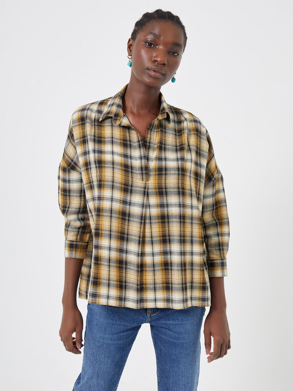 Check Side Split Shirt Beige Check Multi