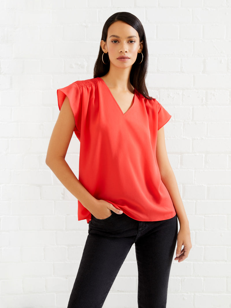 Crepe Light Smocked Shoulder V-Neck Top Bittersweet | French Connection UK