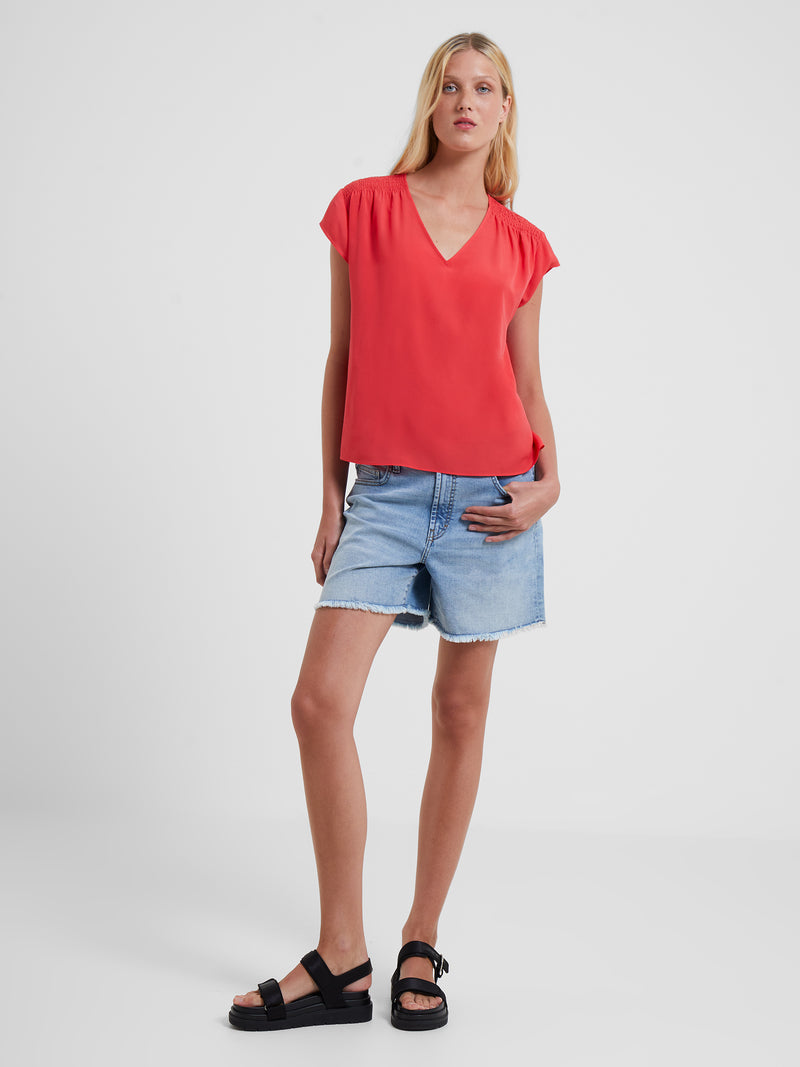 Crepe Light Smocked Shoulder V-Neck Top