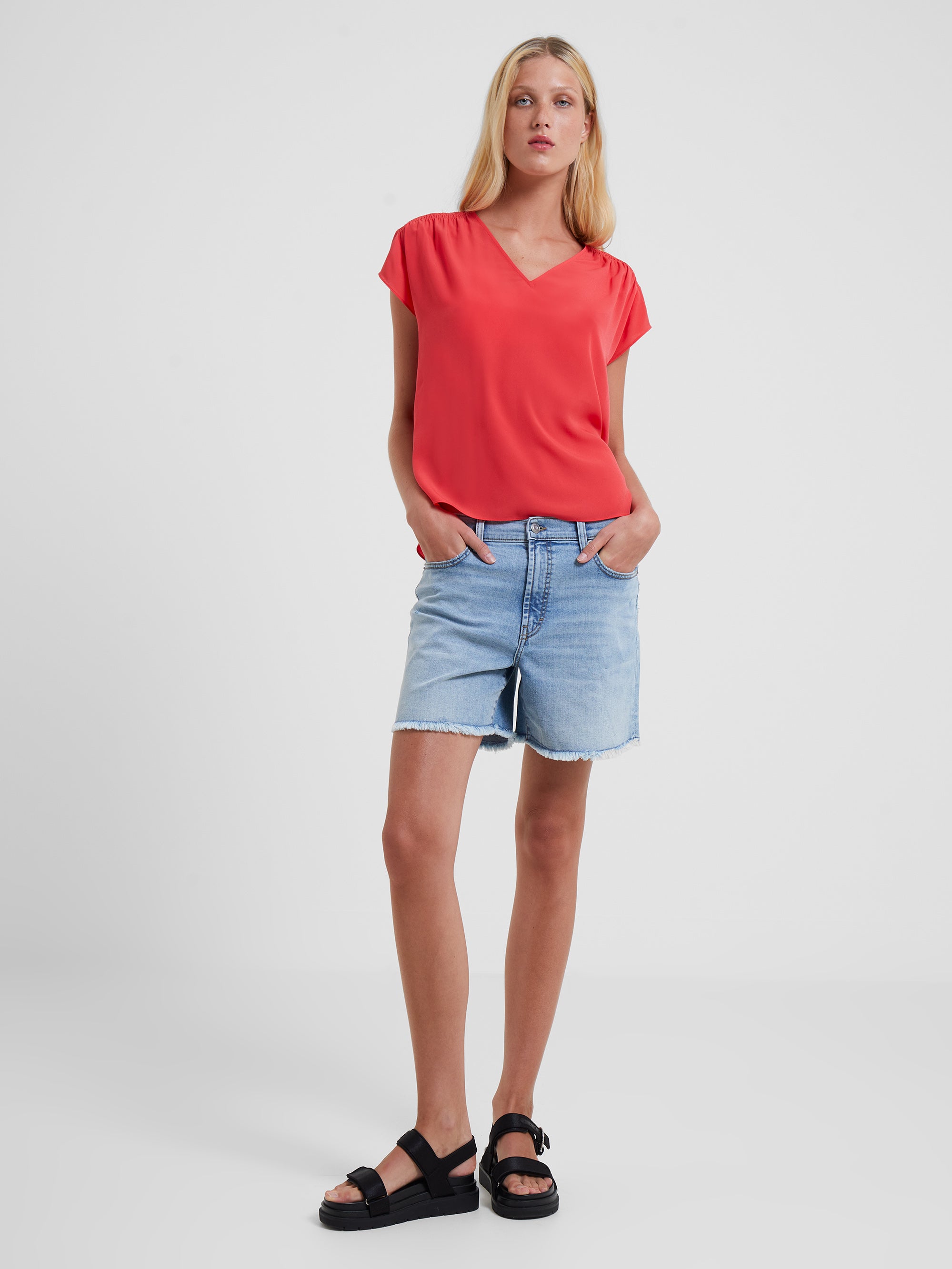 Crepe Light Smocked Shoulder V-Neck Top
