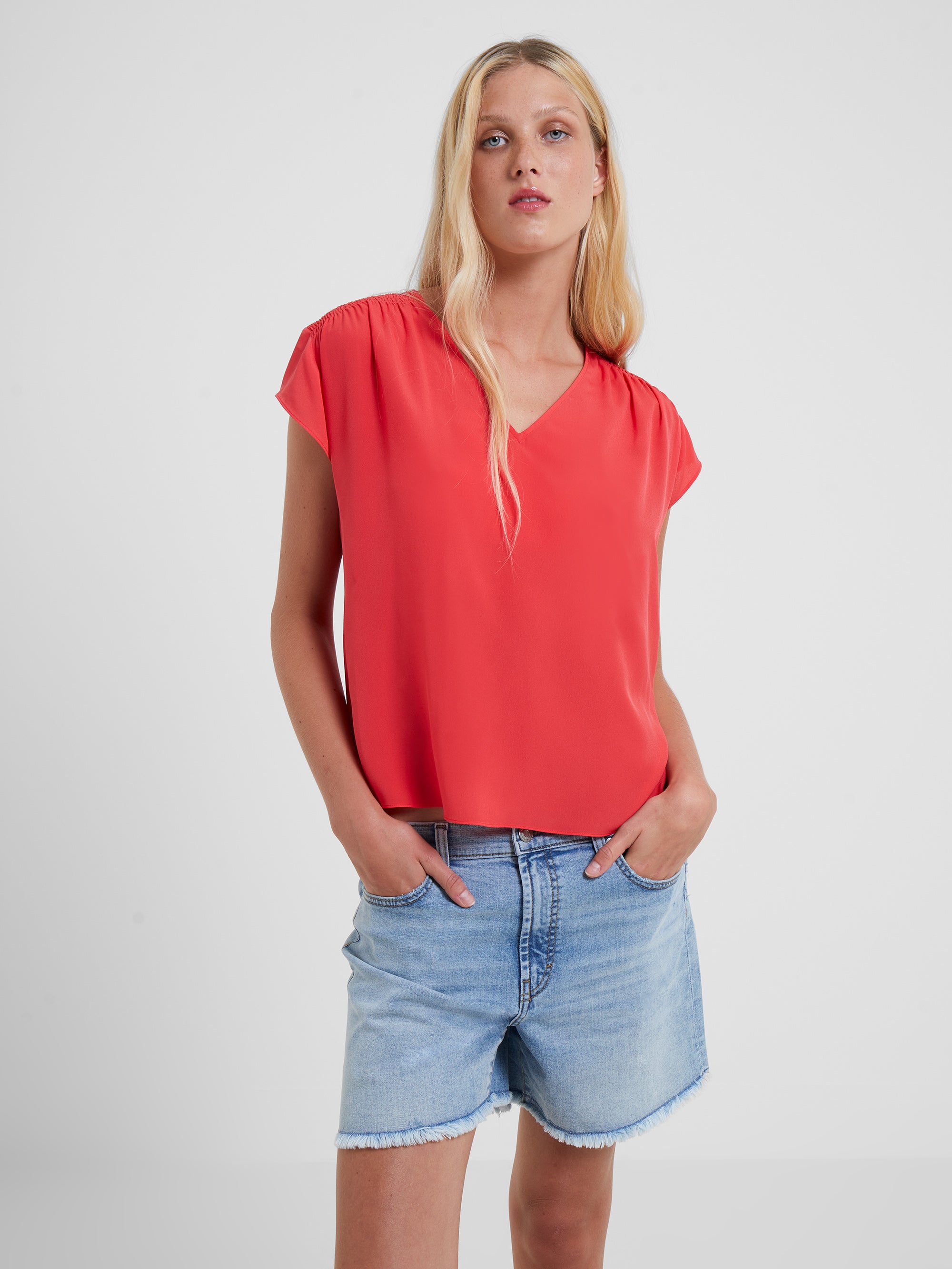 Crepe Light Smocked Shoulder V-Neck Top