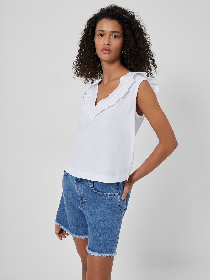 Perinne Organic V Neck Ruffle Top | Linen White | French Connection UK