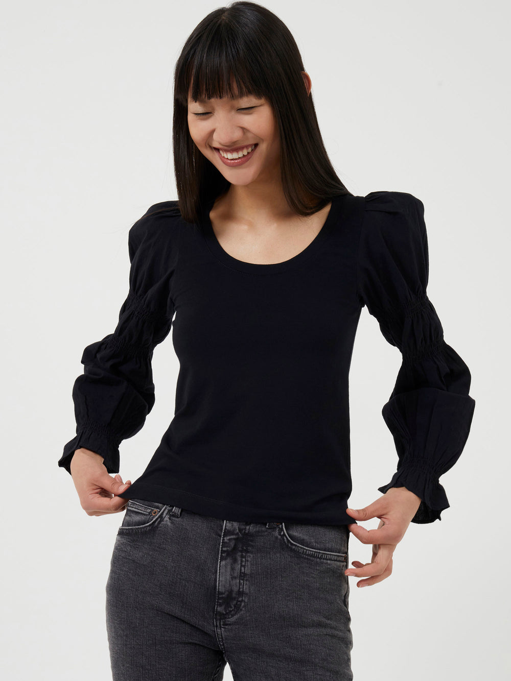 Tim Tim Solid Jersey Marie Sleeve Top Black | French Connection UK
