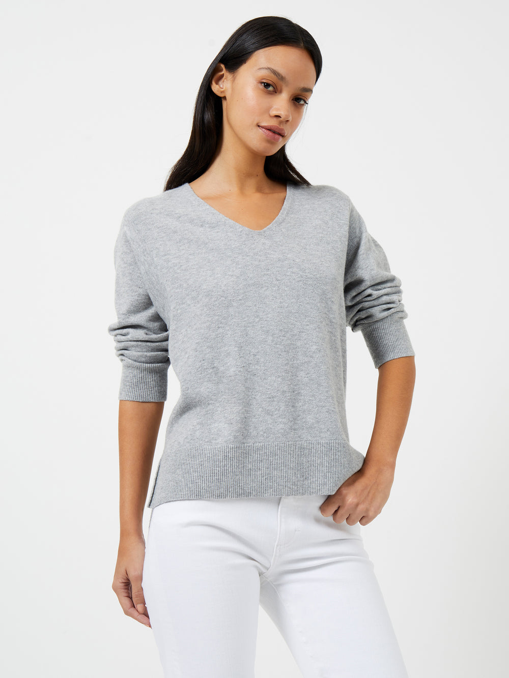 Ebba Vhari Recycled V-Neck Jumper Light Grey Melange | French Connection UK