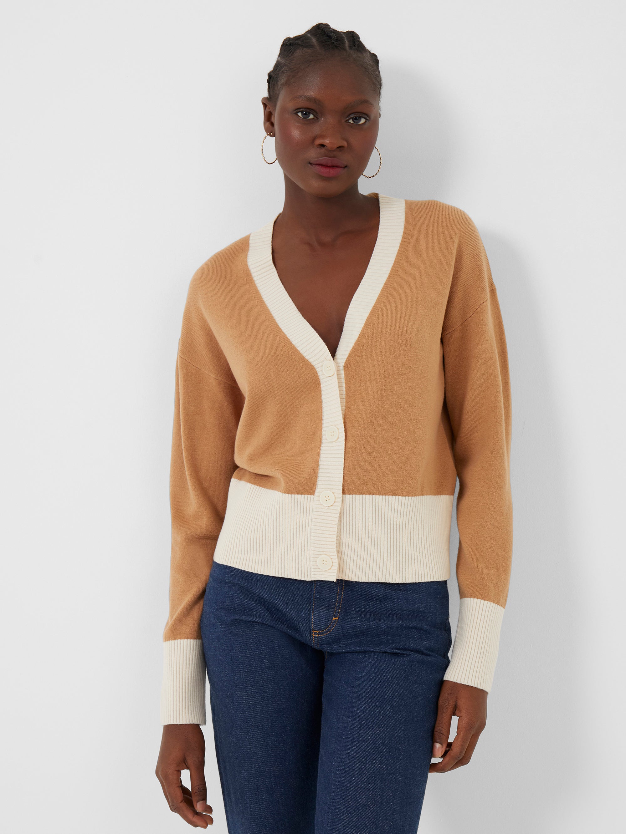 Lisa Colour Block Cardigan Camel Classic Cream French Connection UK