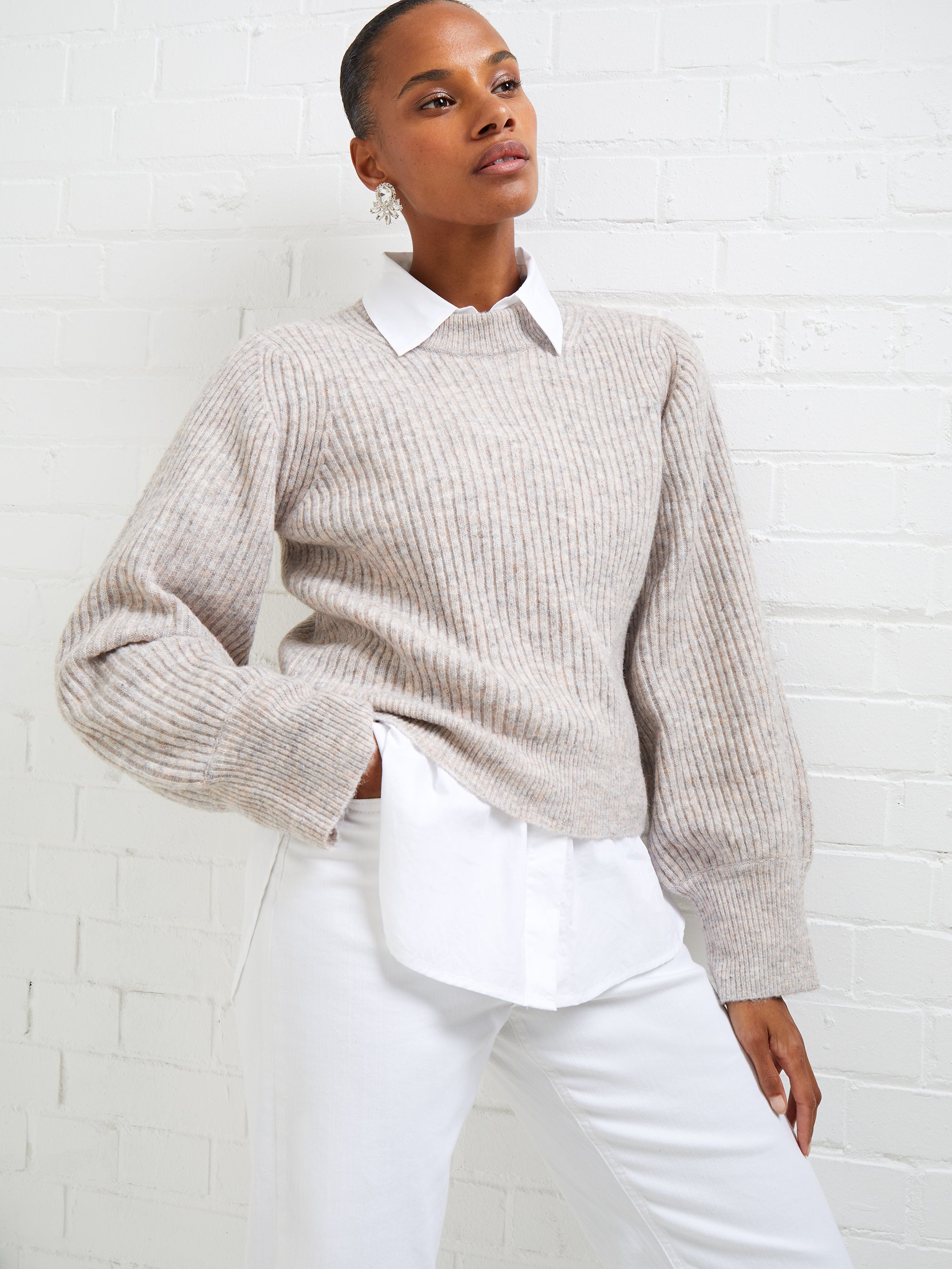 Vhari Knit Ribbed Crew Neck Sweater Oatmeal Mel | French Connection UK