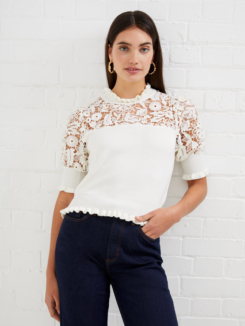 Core Crochet Lace Mix Top White | French Connection UK
