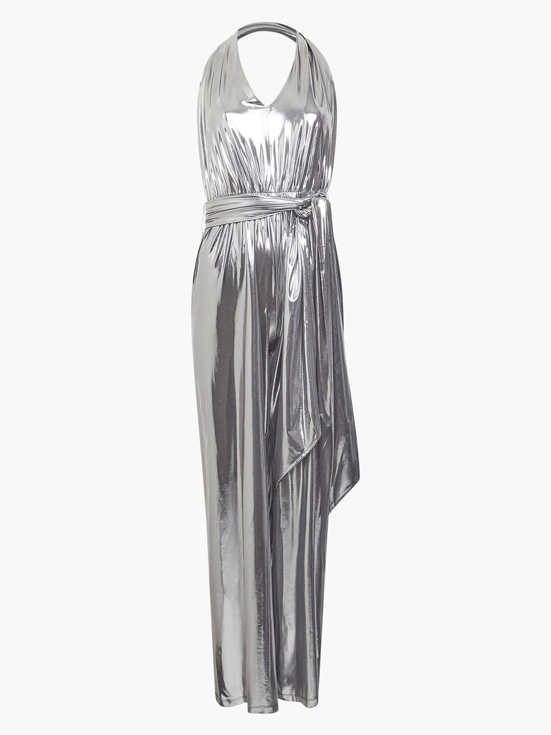 Ronja Liquid Metallic Jersey Backless Jumpsuit Gunmetal Silver French Connection UK