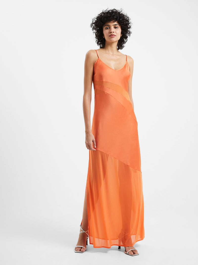 Inu Satin Strappy Mesh Maxi Dress Mandarin Orange