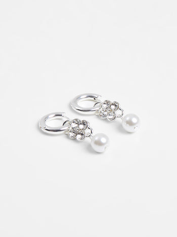 Pearl & Diamante Flower Huggie Hoop Earrings